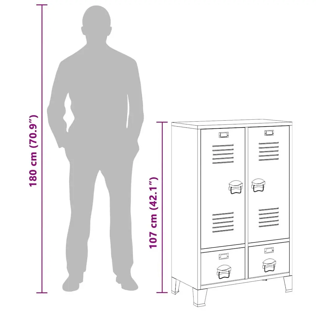 Industrial Metal Wardrobe Cabinet Black 67cm W x 35cm D x 107cm H Sheet Metal 2 Drawers 2 Adjustable Shelves