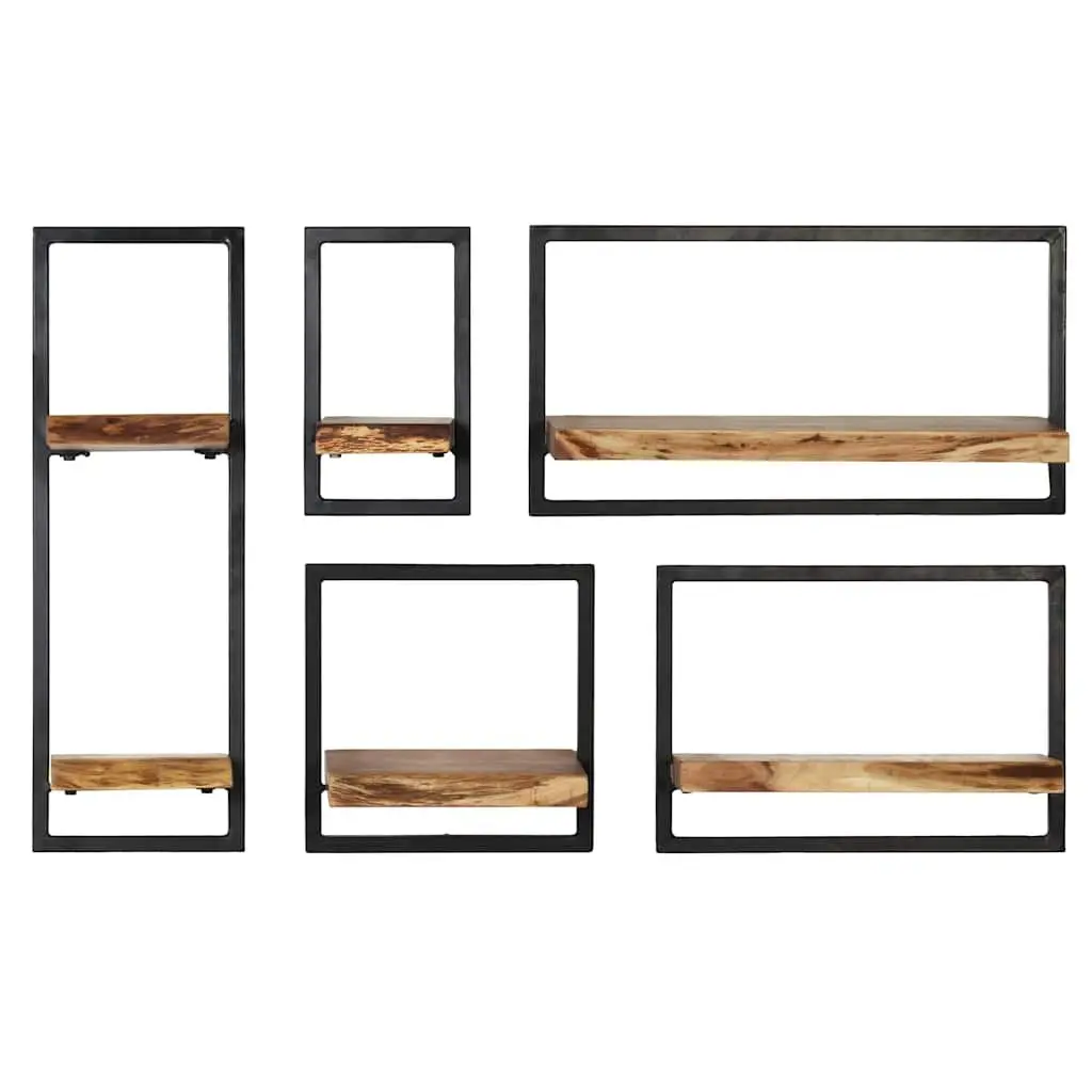 Wall Shelf Set Retro Acacia Wood Steel Frame 5 Piece Brown