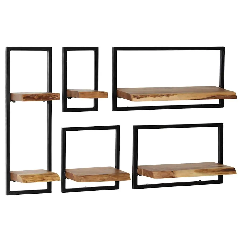 Wall Shelf Set Retro Acacia Wood Steel Frame 5 Piece Brown