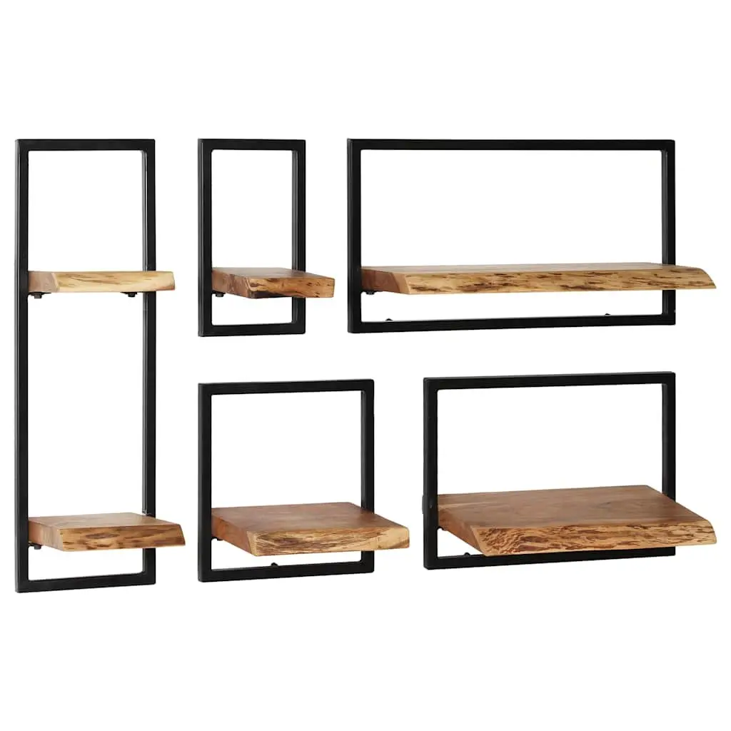 Wall Shelf Set Retro Acacia Wood Steel Frame 5 Piece Brown