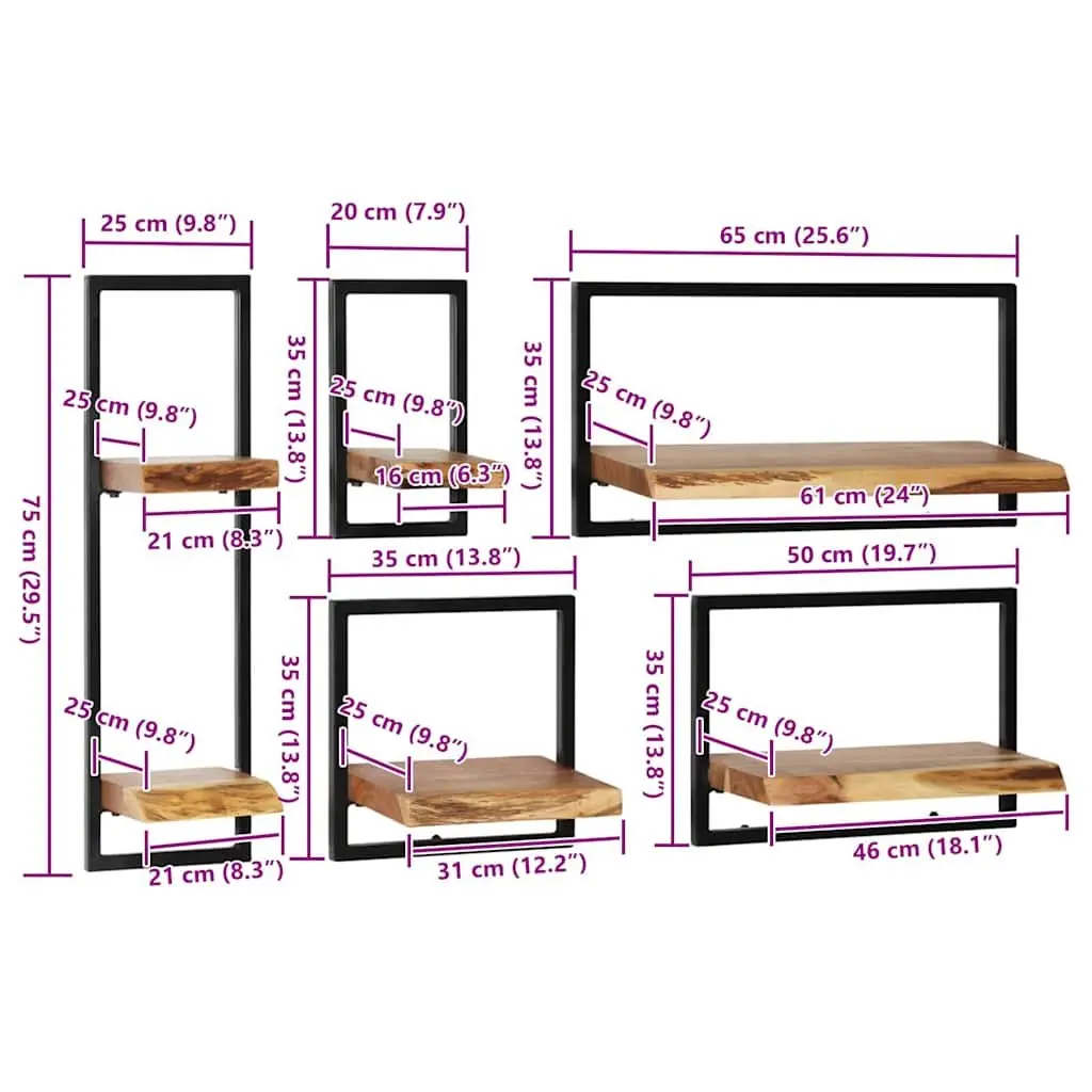 Wall Shelf Set Retro Acacia Wood Steel Frame 5 Piece Brown