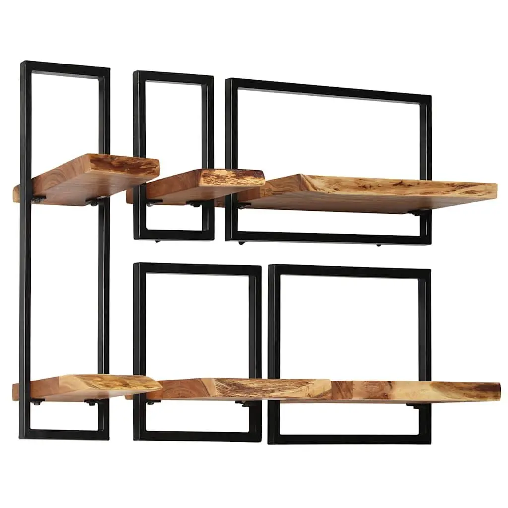 Wall Shelf Set Retro Acacia Wood Steel Frame 5 Piece Brown