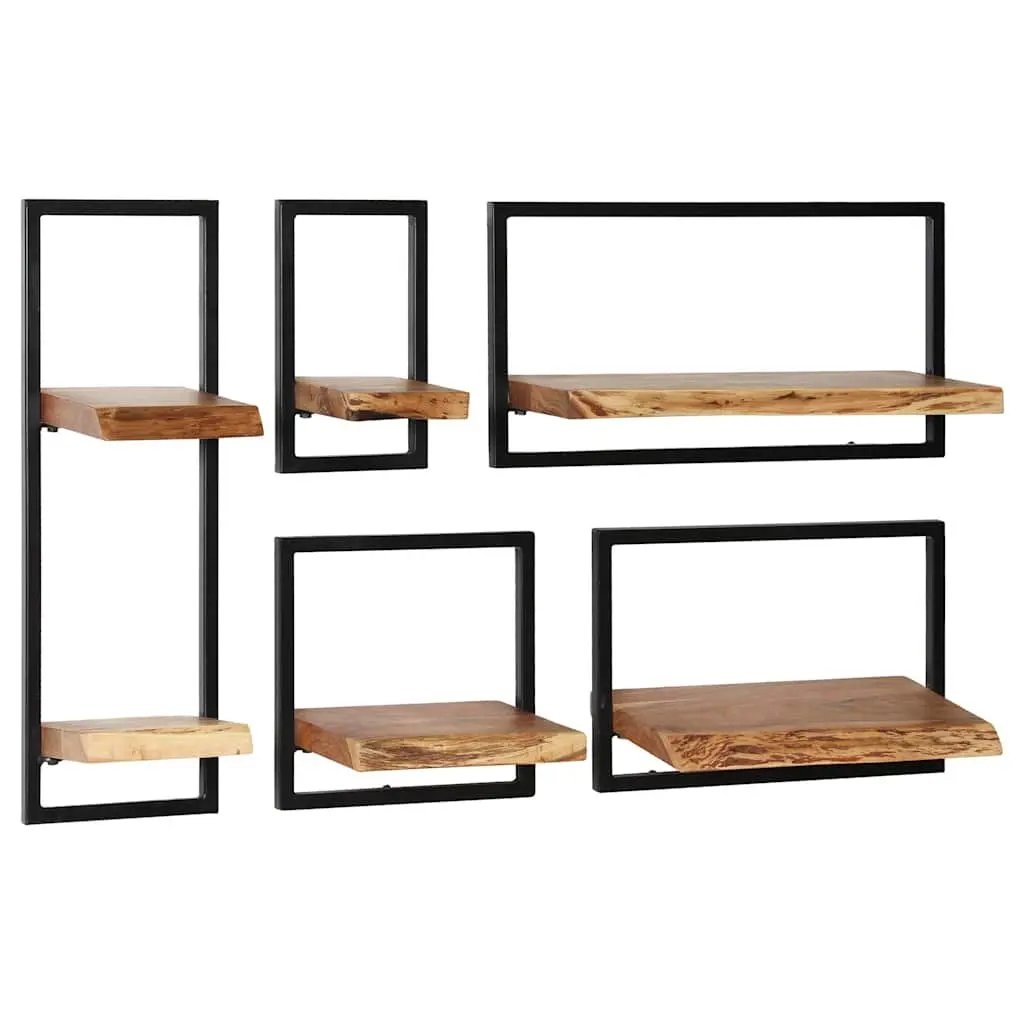 Wall Shelf Set Retro Acacia Wood Steel Frame 5 Piece Brown