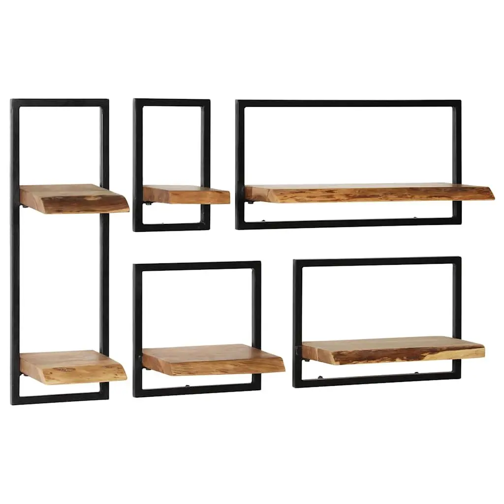 Wall Shelf Set Retro Acacia Wood Steel Frame 5 Piece Brown