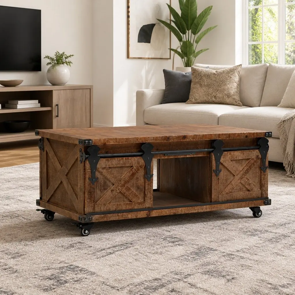 Coffee Table Solid Fir Wood Sliding Door Brown 91x51x38cm Living Room Furniture