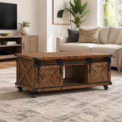 Solid Fir Wood Coffee Table with Sliding Door Brown 91x51x38cm