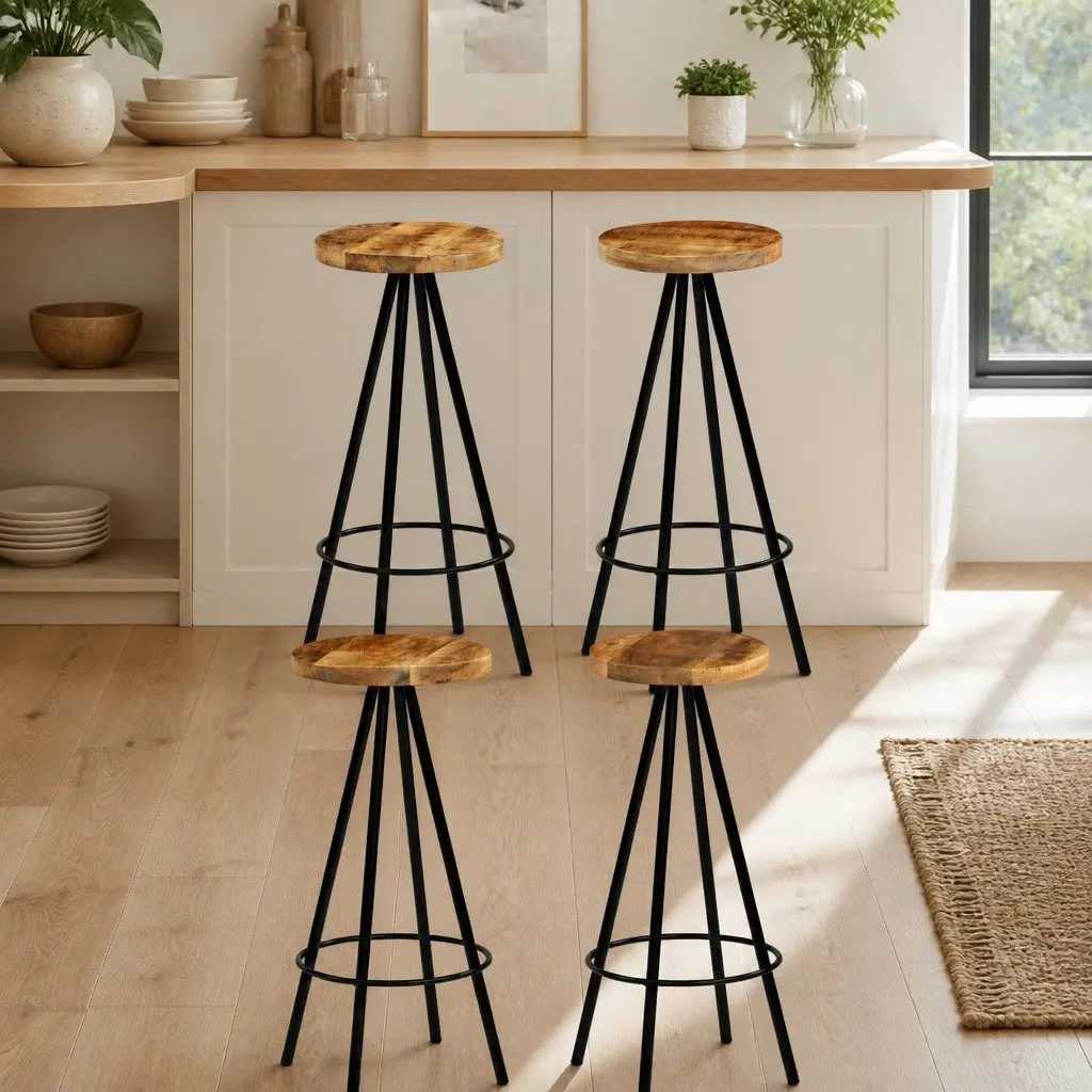 Bar Stools 4 pcs Solid Mango Wood Bar Chairs Kitchen Dining Breakfast Counter