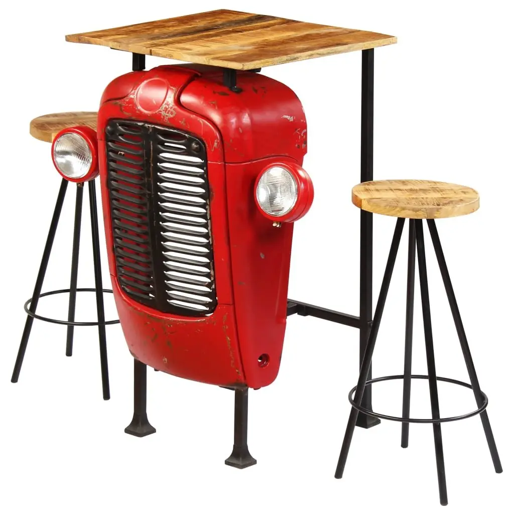 Bar Set 3 Piece Solid Mango Wood Industrial Tractor Design Kitchen Dining