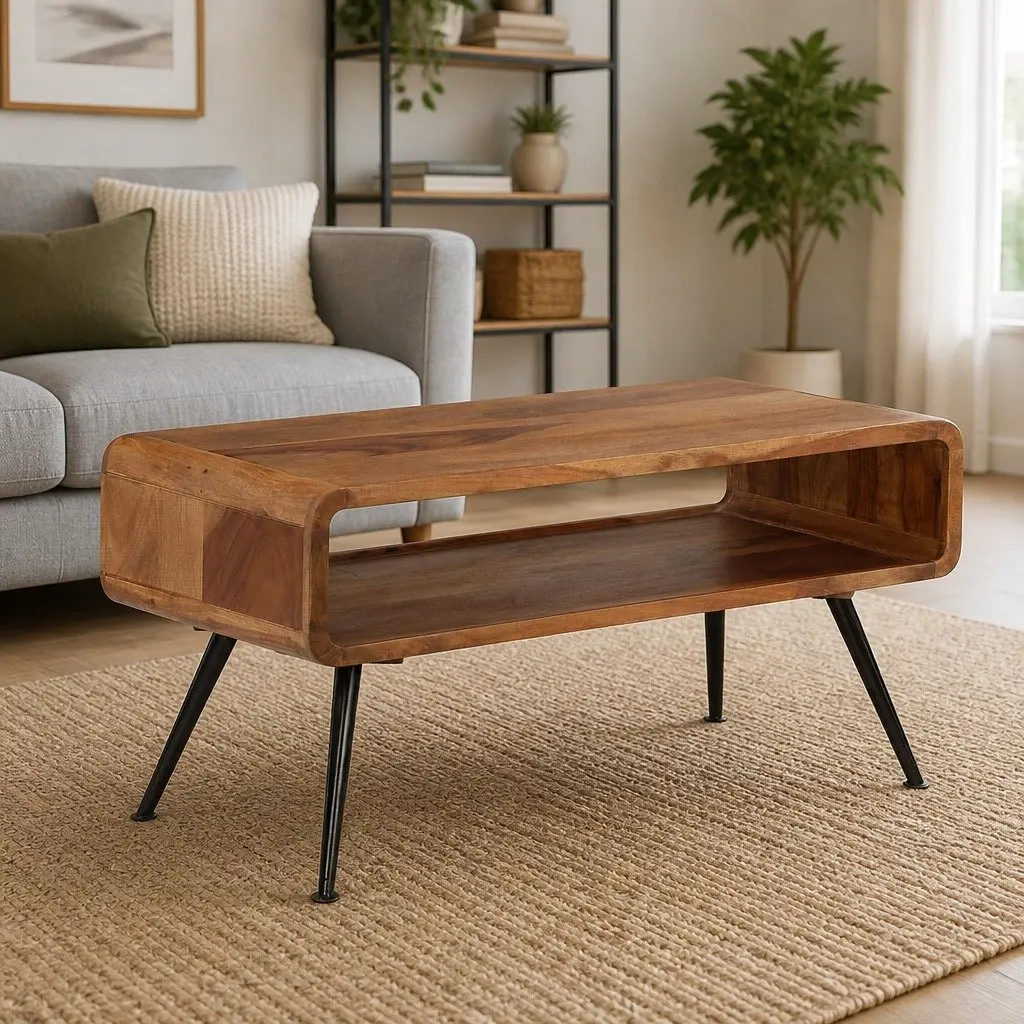 Solid Acacia Wood Coffee Table with Vintage Charm