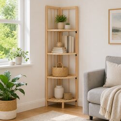 Wooden Corner Shelf Storage Bookcase with Foldable Design