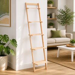 Beige Cedar Wood Ladder Wall Shelf for Decor