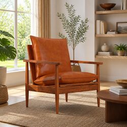 Brown Leather Armchair with Acacia Wood Frame