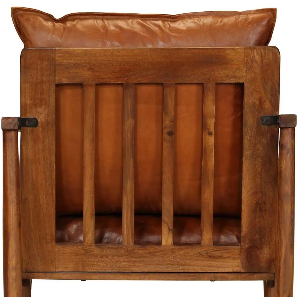 Armchair Brown Leather Acacia Wood Frame Relaxation Seating
