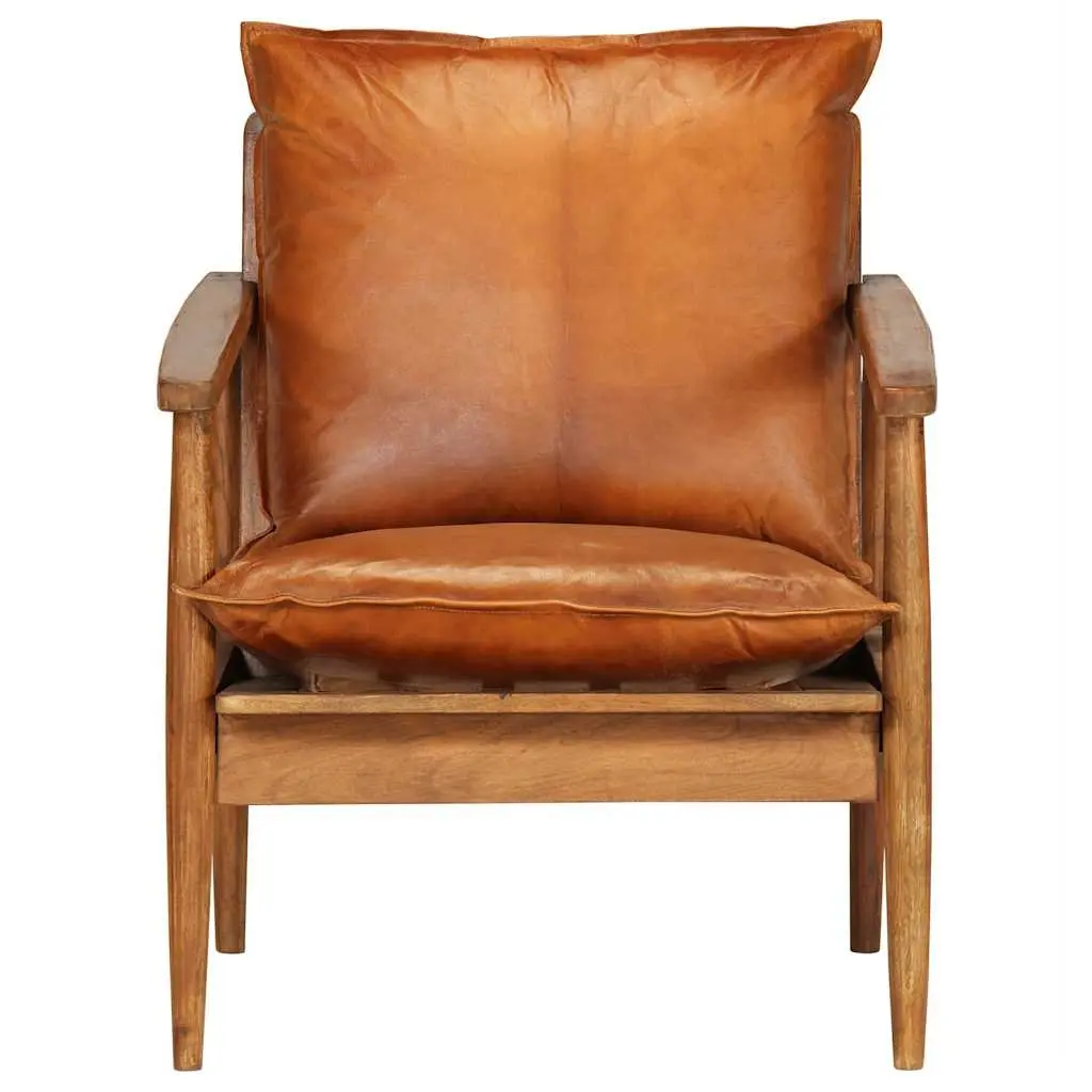 Armchair Brown Leather Acacia Wood Frame Relaxation Seating