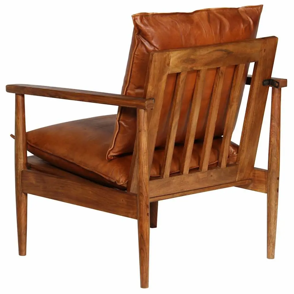 Armchair Brown Leather Acacia Wood Frame Relaxation Seating