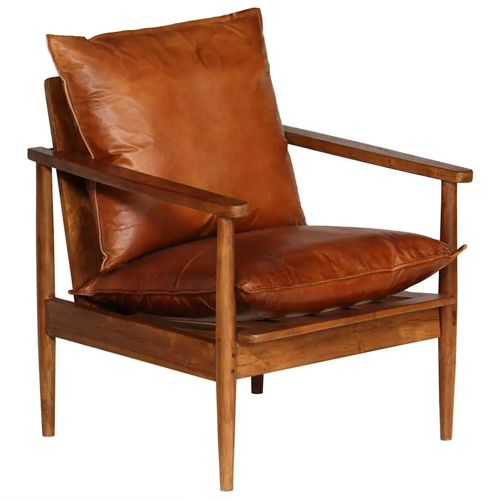 Armchair Brown Leather Acacia Wood Frame Relaxation Seating