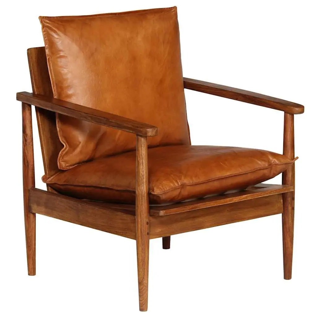Armchair Brown Leather Acacia Wood Frame Relaxation Seating