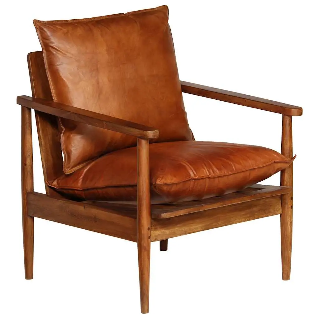Armchair Brown Leather Acacia Wood Frame Relaxation Seating