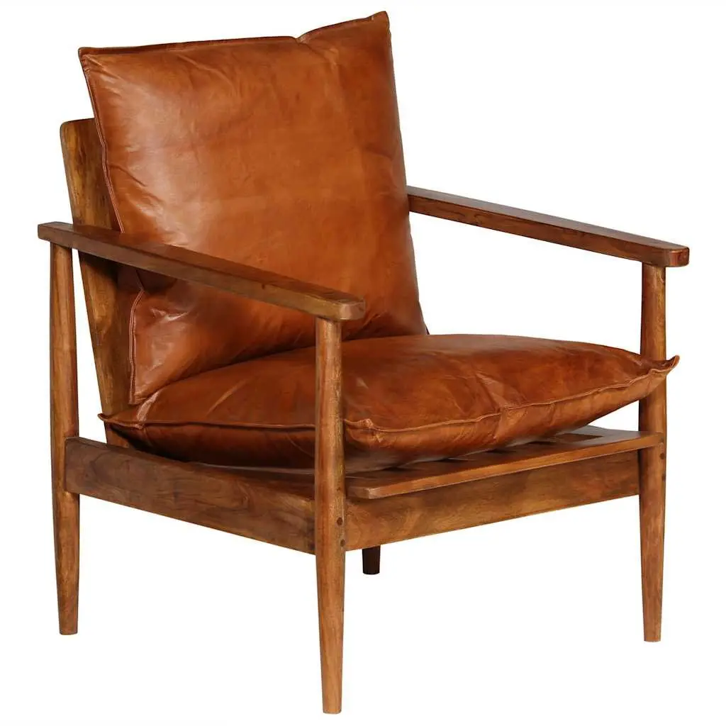 Armchair Brown Leather Acacia Wood Frame Relaxation Seating