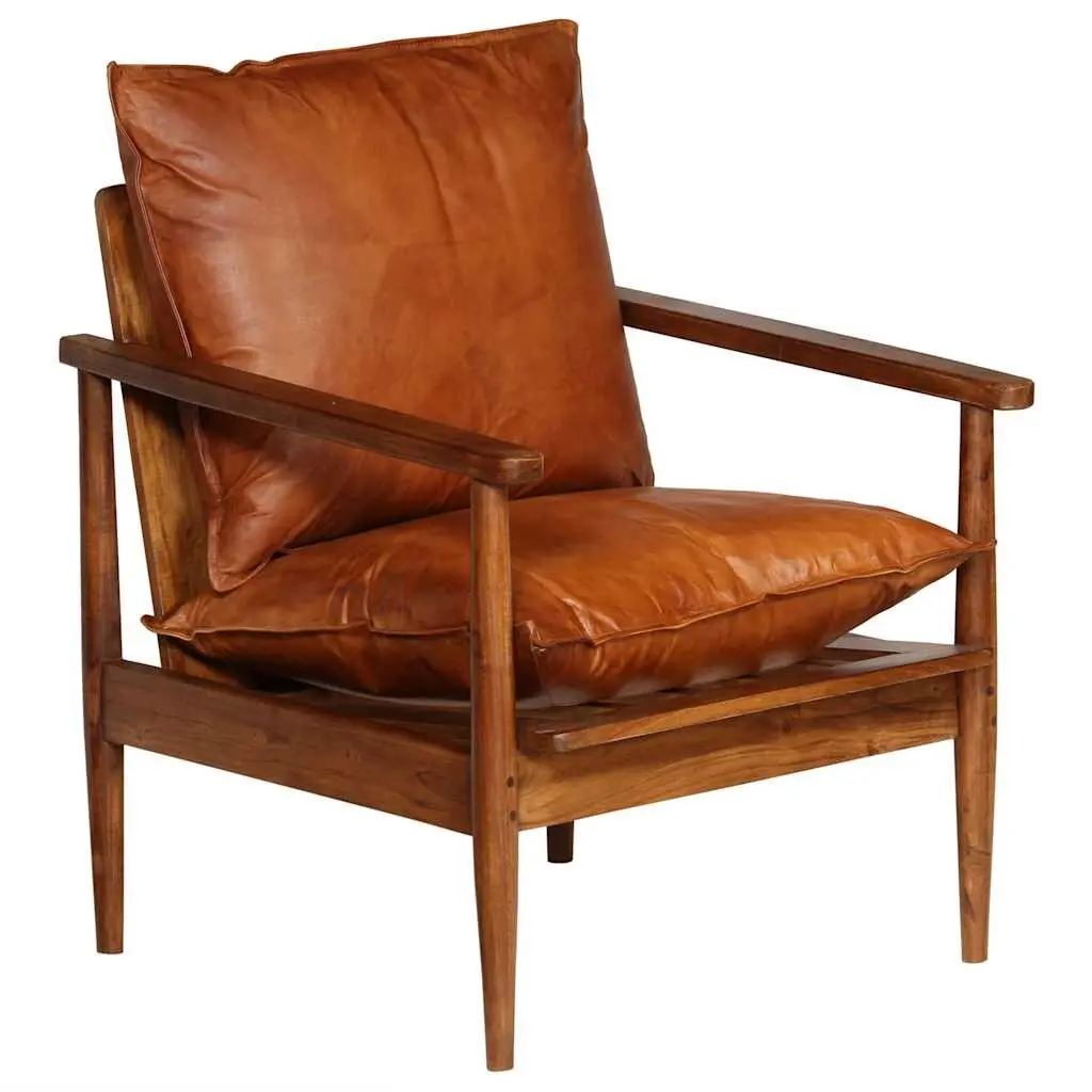Armchair Brown Leather Acacia Wood Frame Relaxation Seating