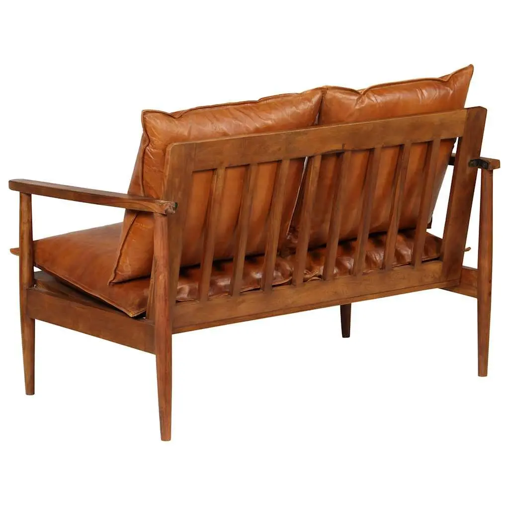 2-Seater Sofa Brown Goat Leather Upholstery Solid Acacia Wood Frame