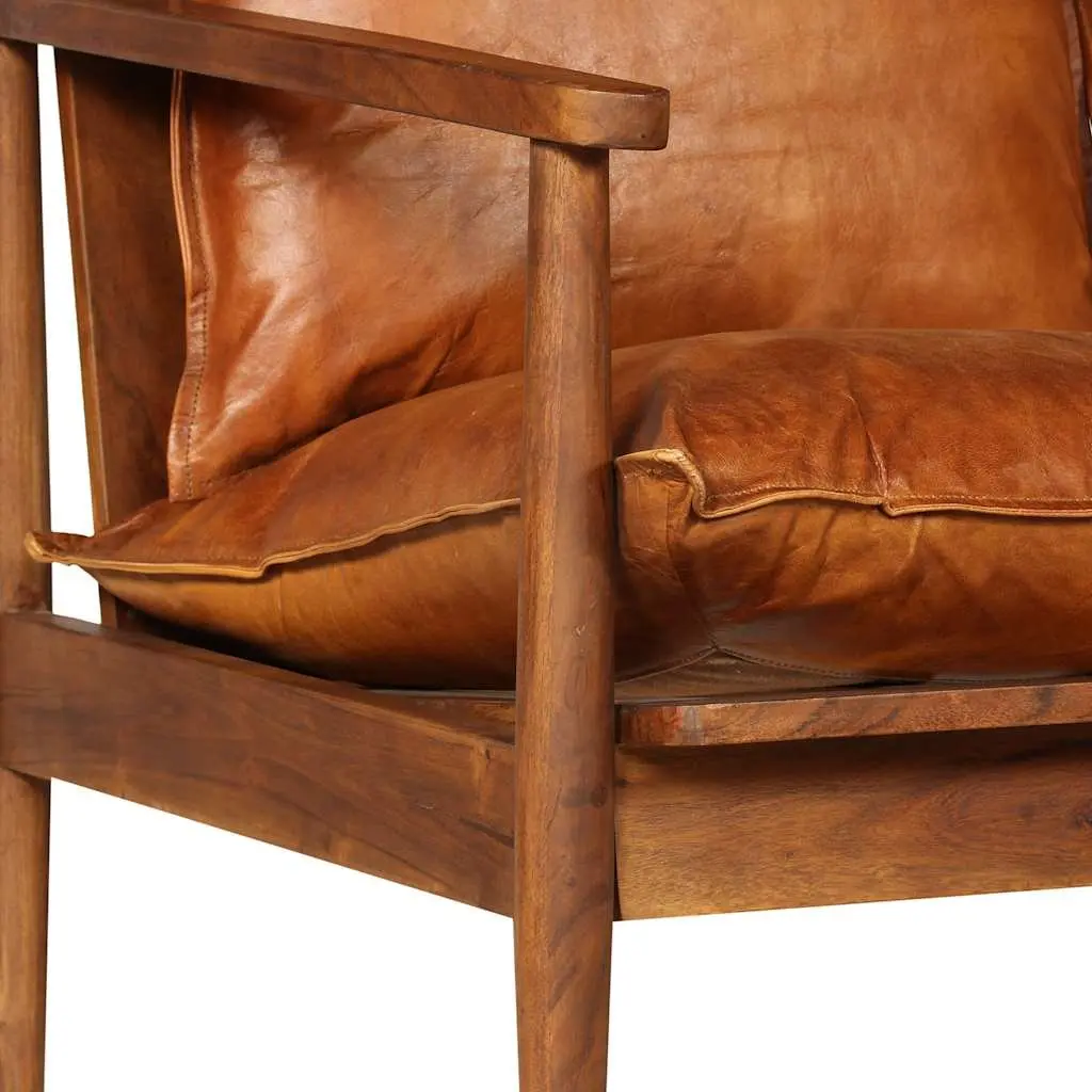 2-Seater Sofa Brown Goat Leather Upholstery Solid Acacia Wood Frame