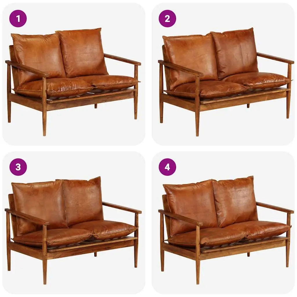 2-Seater Sofa Brown Goat Leather Upholstery Solid Acacia Wood Frame