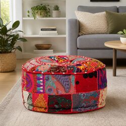 Handmade Round Patchwork Pouffe Footstool in Red