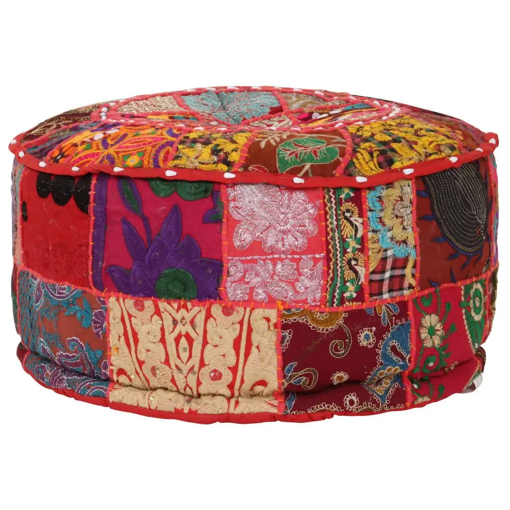 Round Patchwork Pouffe Ottoman Red Cotton Handmade 40x20cm