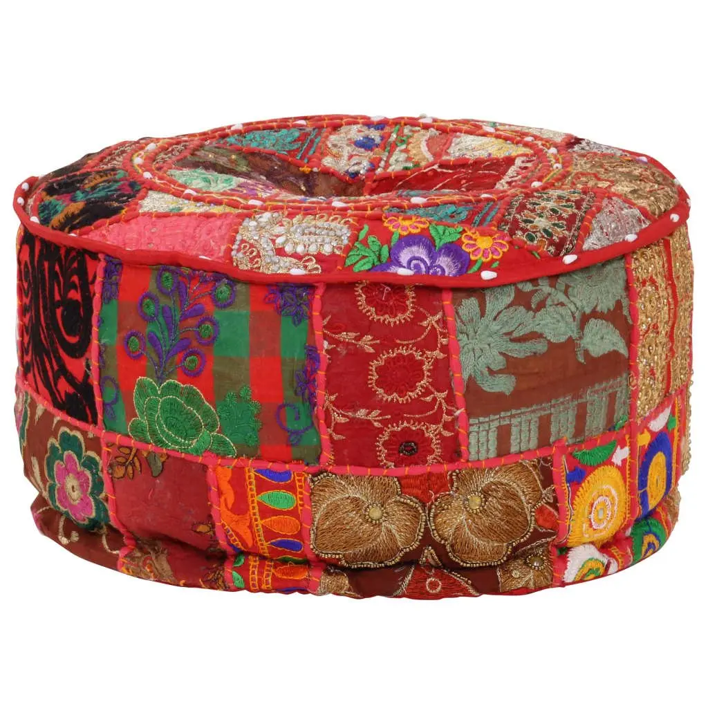 Round Patchwork Pouffe Ottoman Red Cotton Handmade 40x20cm