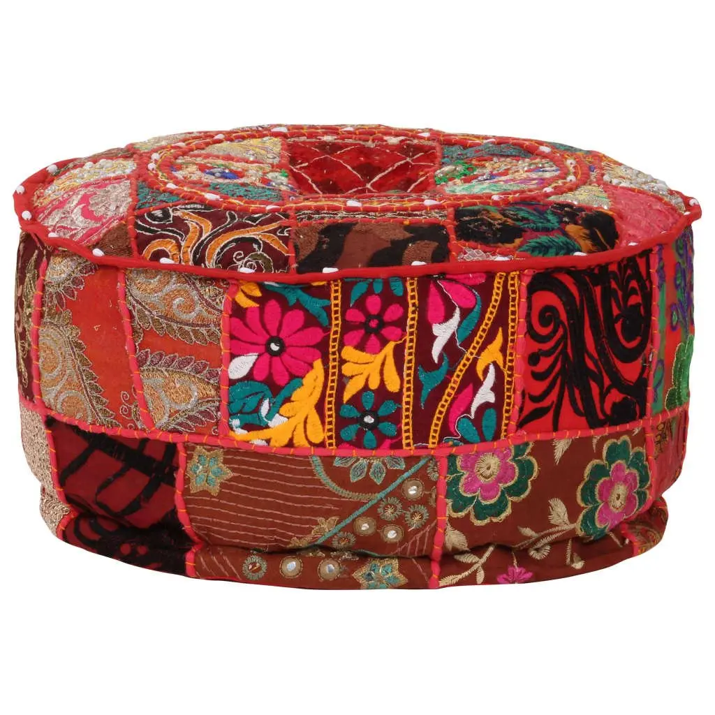 Round Patchwork Pouffe Ottoman Red Cotton Handmade 40x20cm