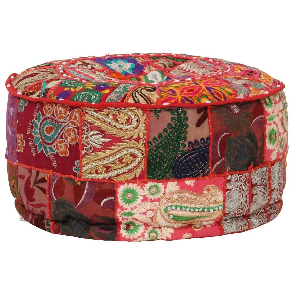Round Patchwork Pouffe Ottoman Red Cotton Handmade 40x20cm