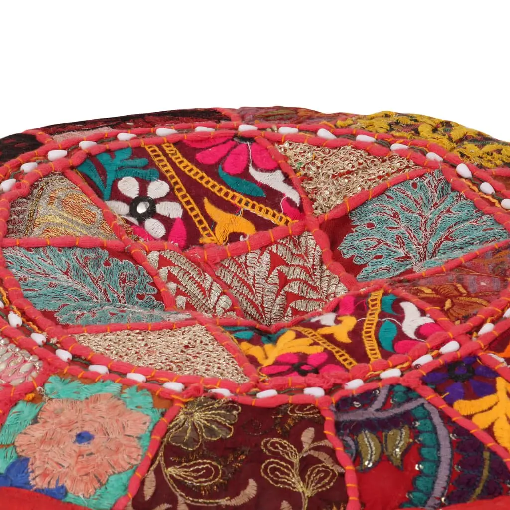 Round Patchwork Pouffe Ottoman Red Cotton Handmade 40x20cm