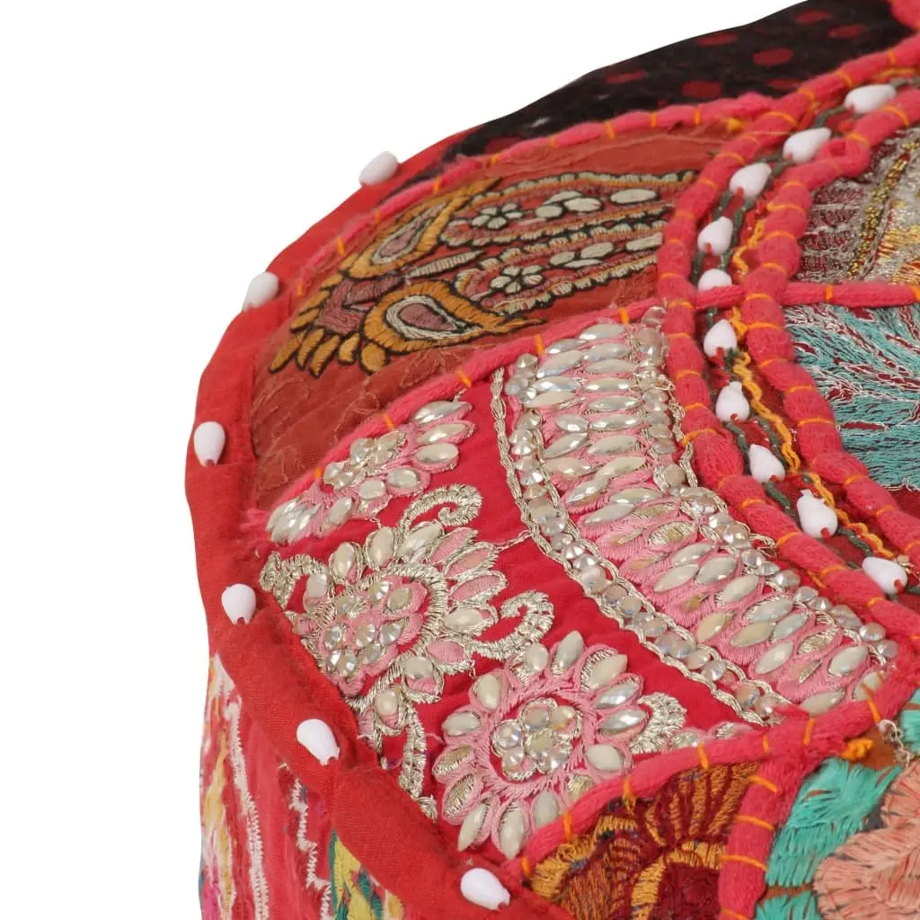 Round Patchwork Pouffe Ottoman Red Cotton Handmade 40x20cm