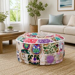 Beige Patchwork Pouffe Round Footrest Ottoman 40x20 cm