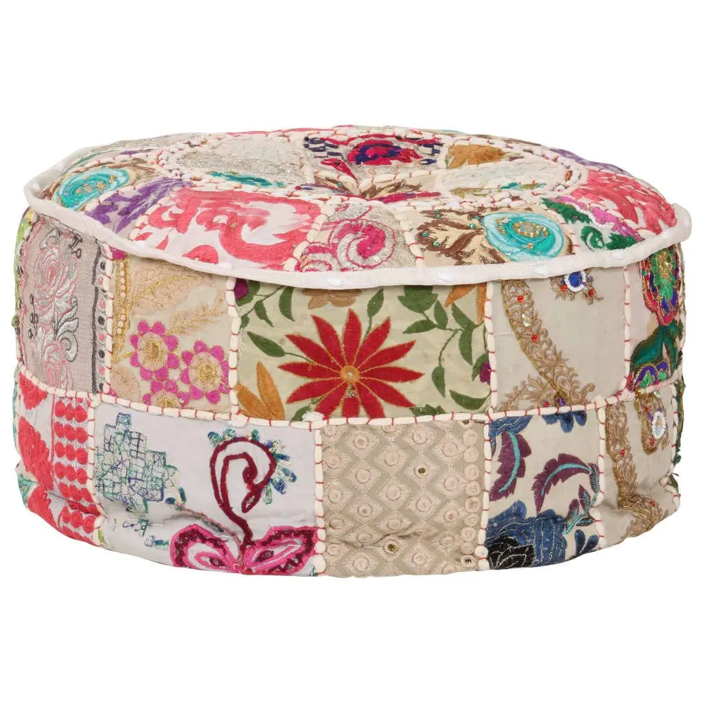 Beige Patchwork Pouffe Round Footrest Ottoman 40x20 cm