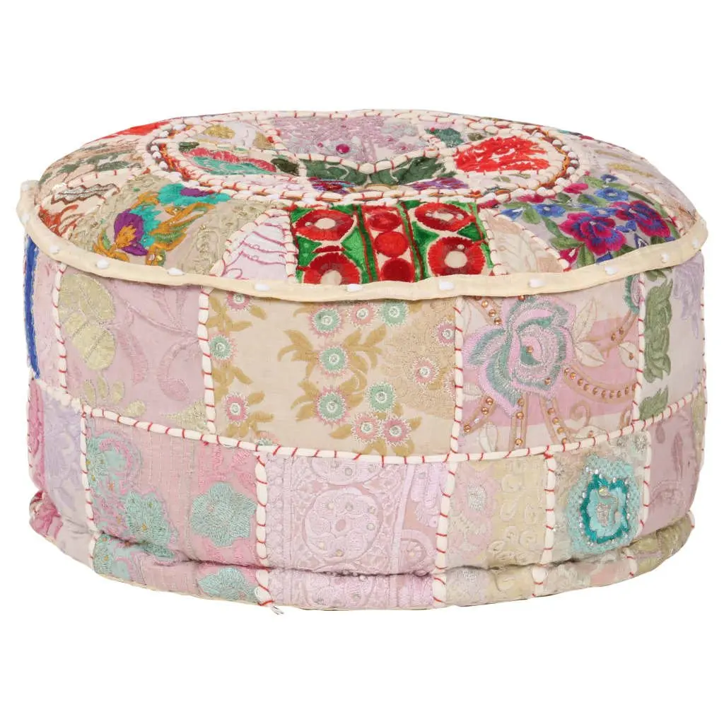 Beige Patchwork Pouffe Round Footrest Ottoman 40x20 cm