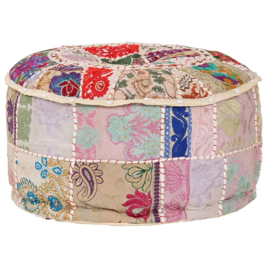 Beige Patchwork Pouffe Round Footrest Ottoman 40x20 cm