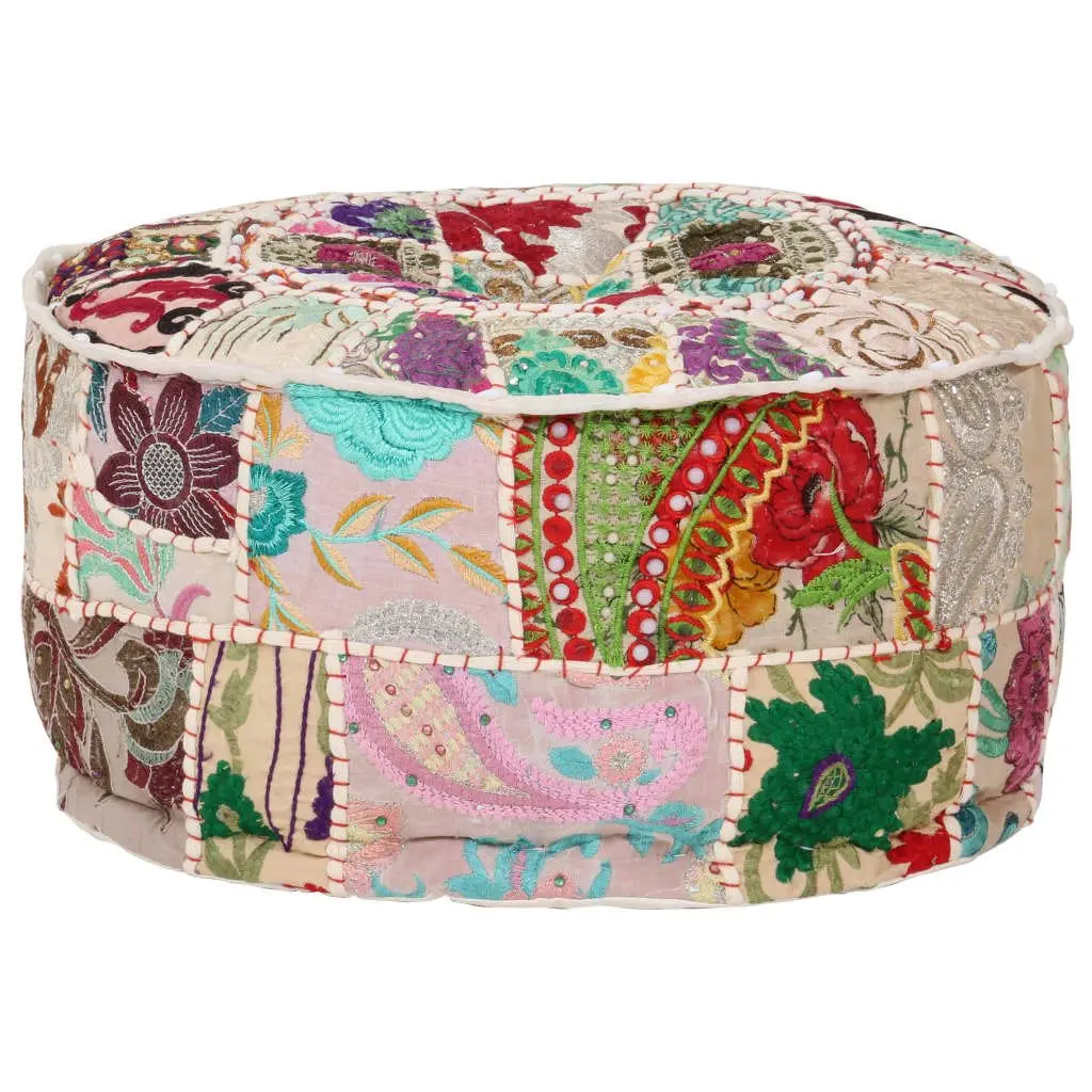 Beige Patchwork Pouffe Round Footrest Ottoman 40x20 cm