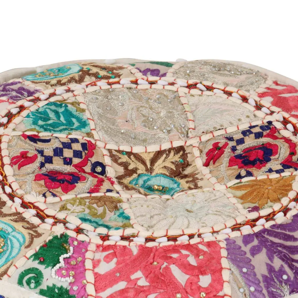Beige Patchwork Pouffe Round Footrest Ottoman 40x20 cm