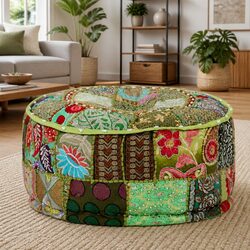 Vintage Patchwork Round Cotton Pouffe in Green 40x20cm