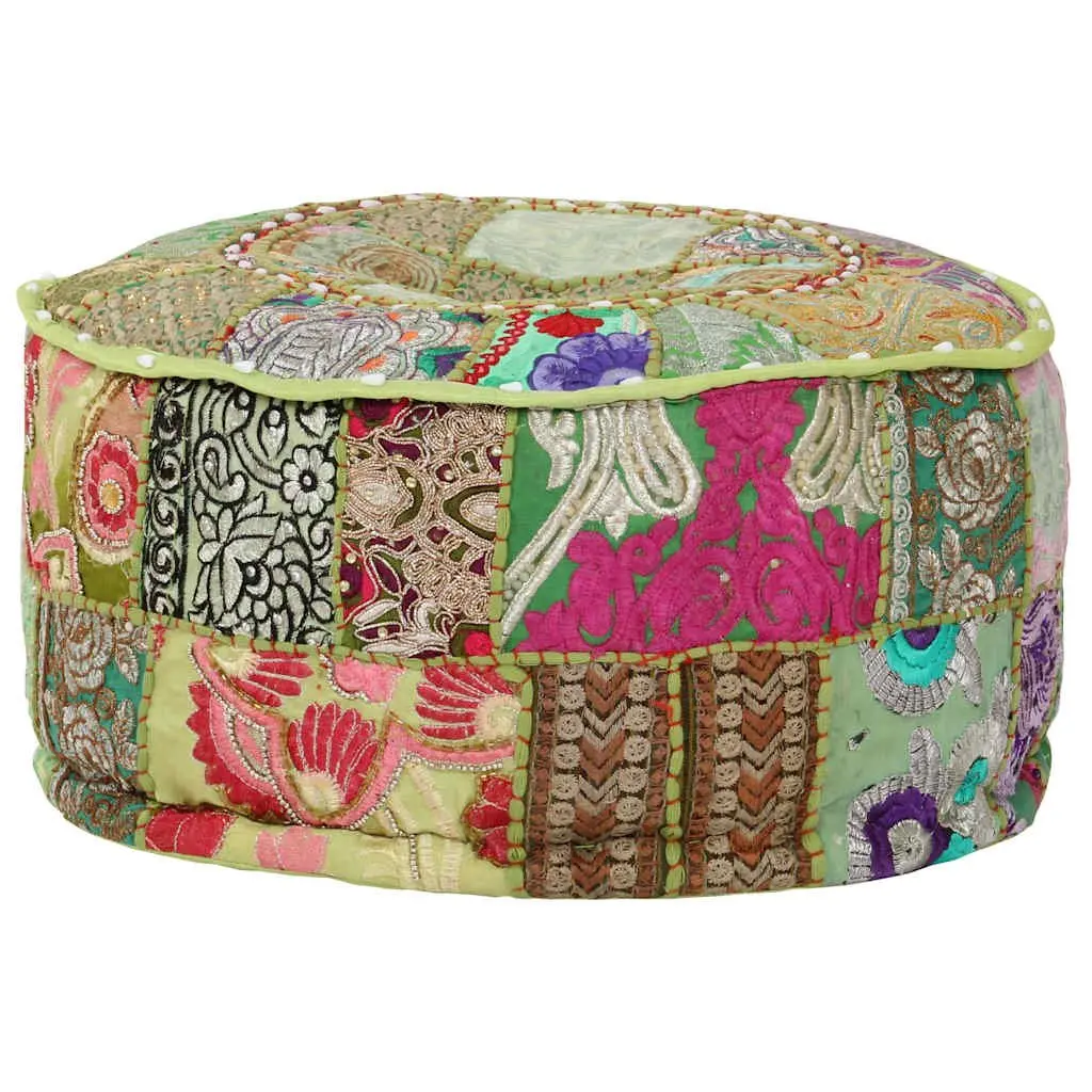 Patchwork Round Pouffe Ottoman Footrest Handmade Cotton Green 40x20cm