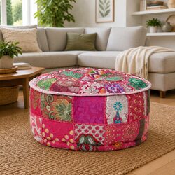 Pink Handmade Round Patchwork Pouffe Footrest 40x20 cm