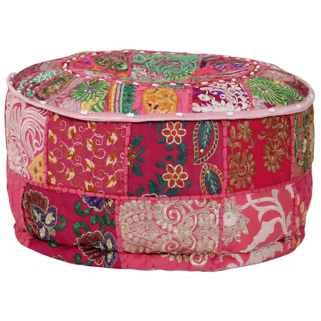 Round Patchwork Pouffe Footrest Handmade Cotton Pink 40x20cm Boho Decor