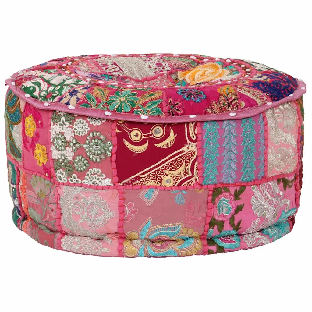 Round Patchwork Pouffe Footrest Handmade Cotton Pink 40x20cm Boho Decor