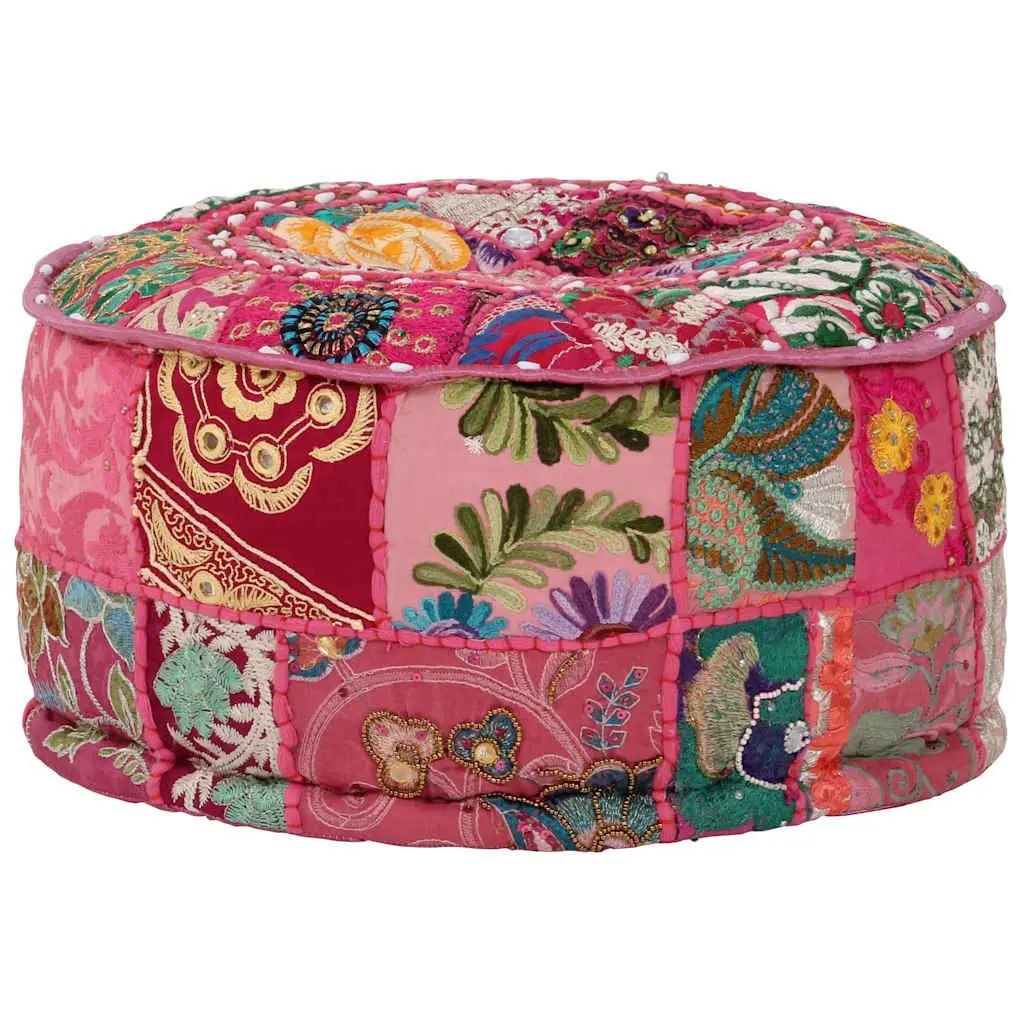 Round Patchwork Pouffe Footrest Handmade Cotton Pink 40x20cm Boho Decor