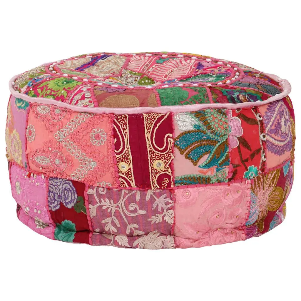 Round Patchwork Pouffe Footrest Handmade Cotton Pink 40x20cm Boho Decor