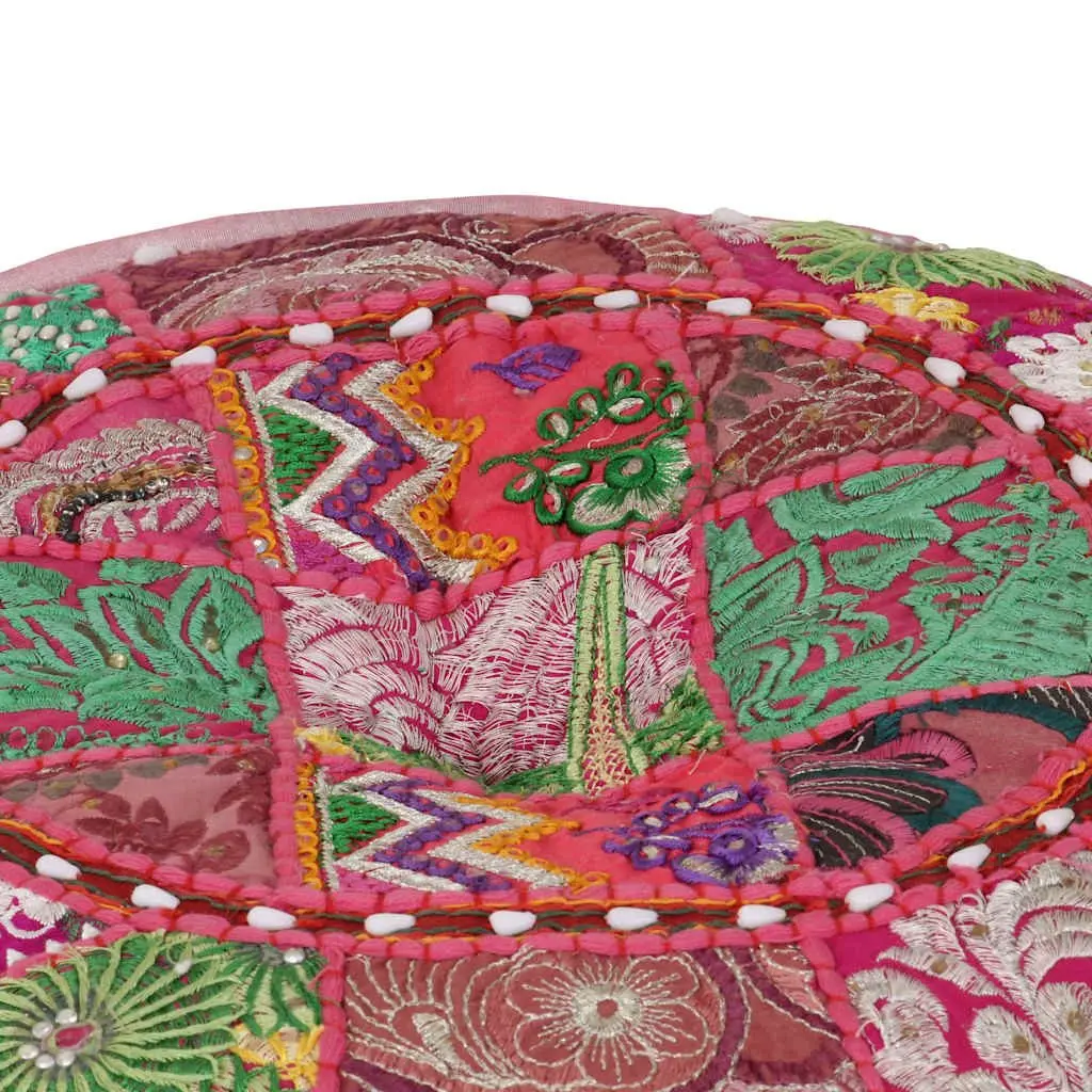 Round Patchwork Pouffe Footrest Handmade Cotton Pink 40x20cm Boho Decor