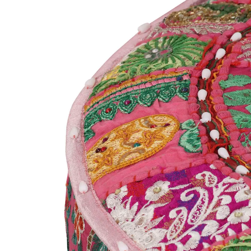 Round Patchwork Pouffe Footrest Handmade Cotton Pink 40x20cm Boho Decor