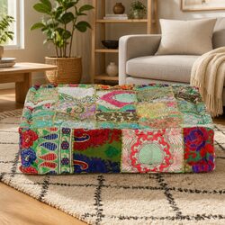 Handmade Square Patchwork Pouffe for Cozy Comfort